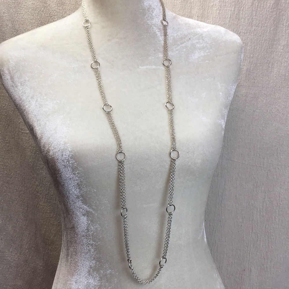 Long multi strand silver ring chain necklace